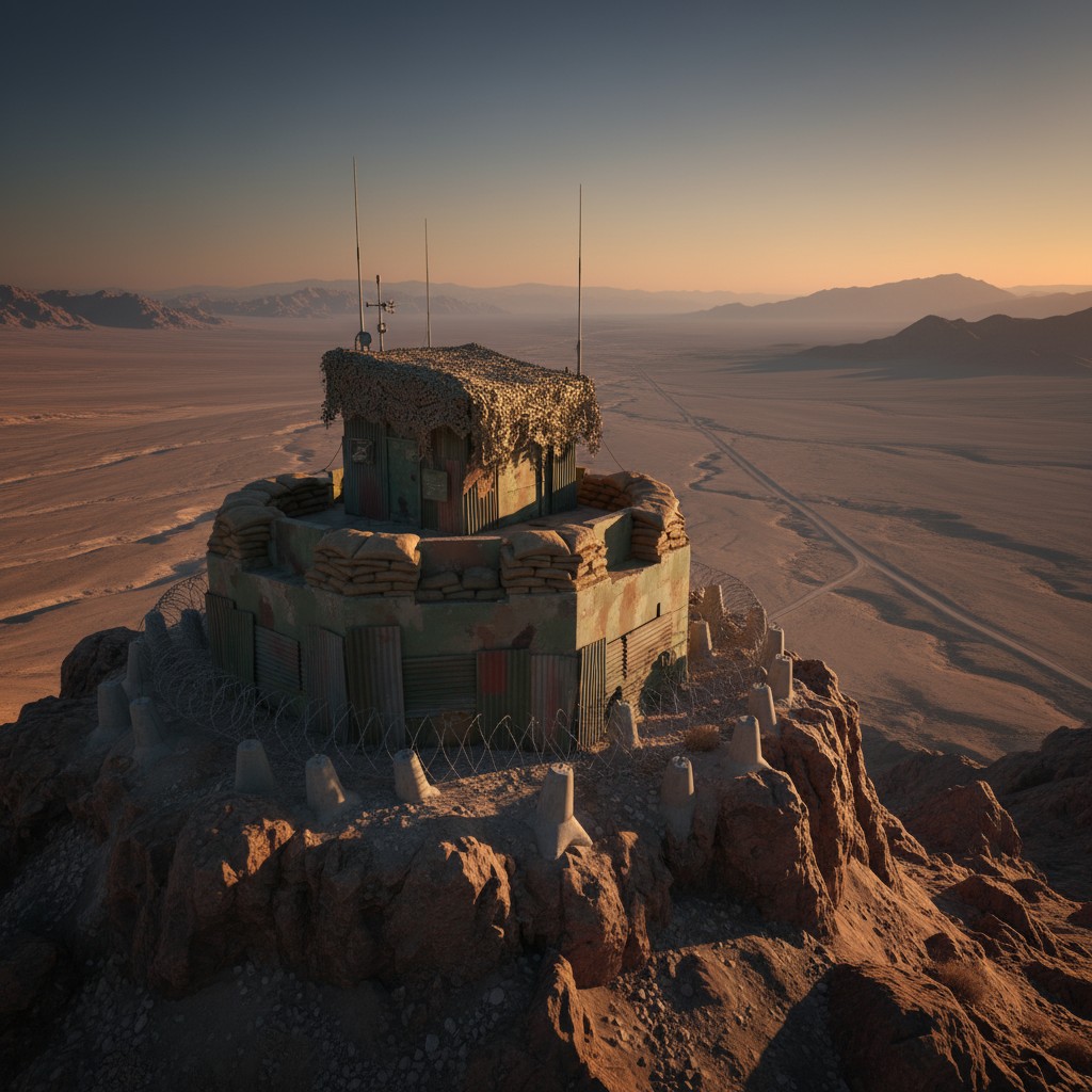 A desert fortress with a squat structure surrounded by fences, in a barren landscape under hazy sunrise skies.