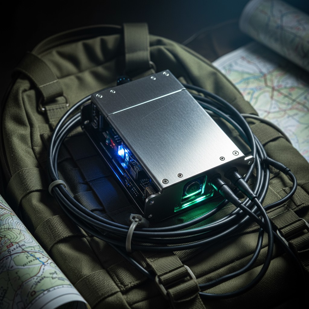 The alt text for the image is: 'A silver electronic device with wires on top of a green backpack atop a map.'