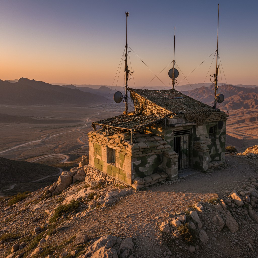 An abandoned military outpost in the desert, characterized by a worn, tan structure with camouflage patterns and a satelli...