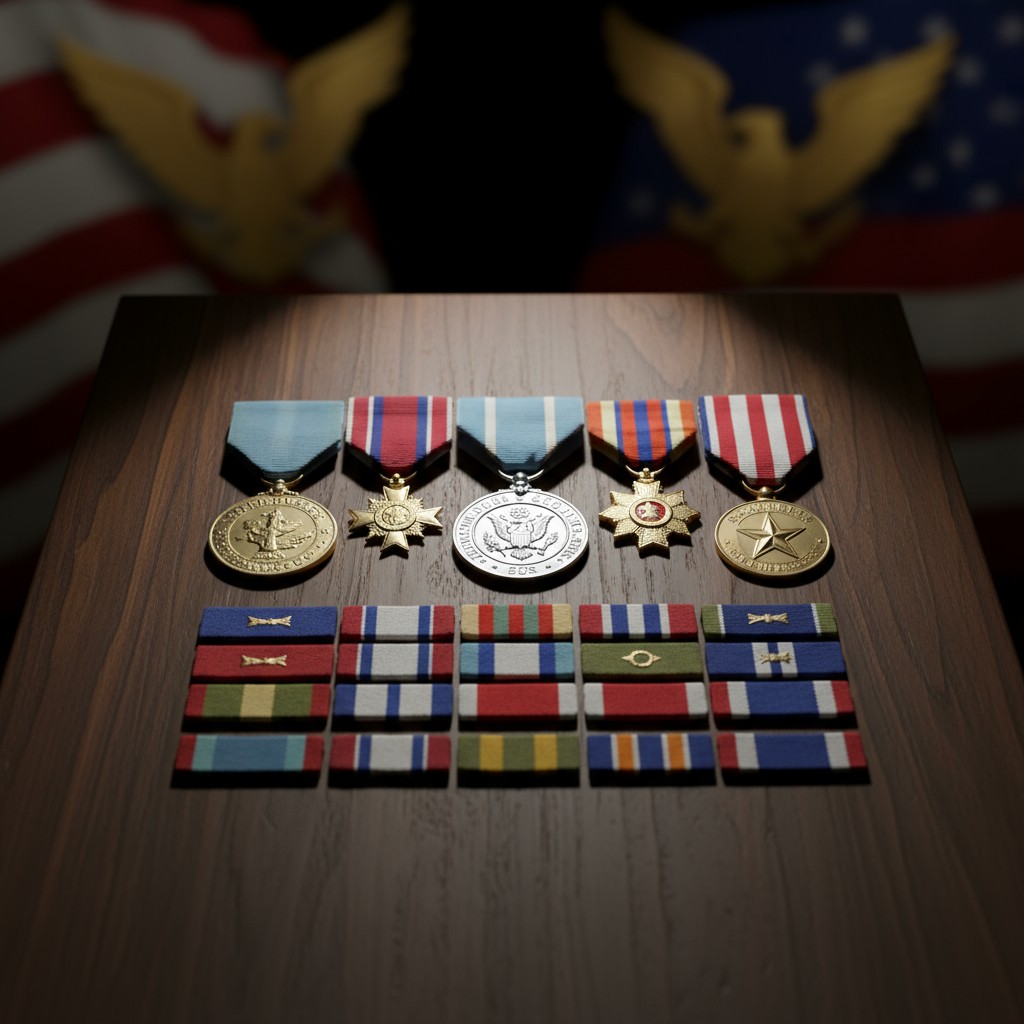 A collection of military medals and ribbons displayed on a wooden table, with an American flag in the background.